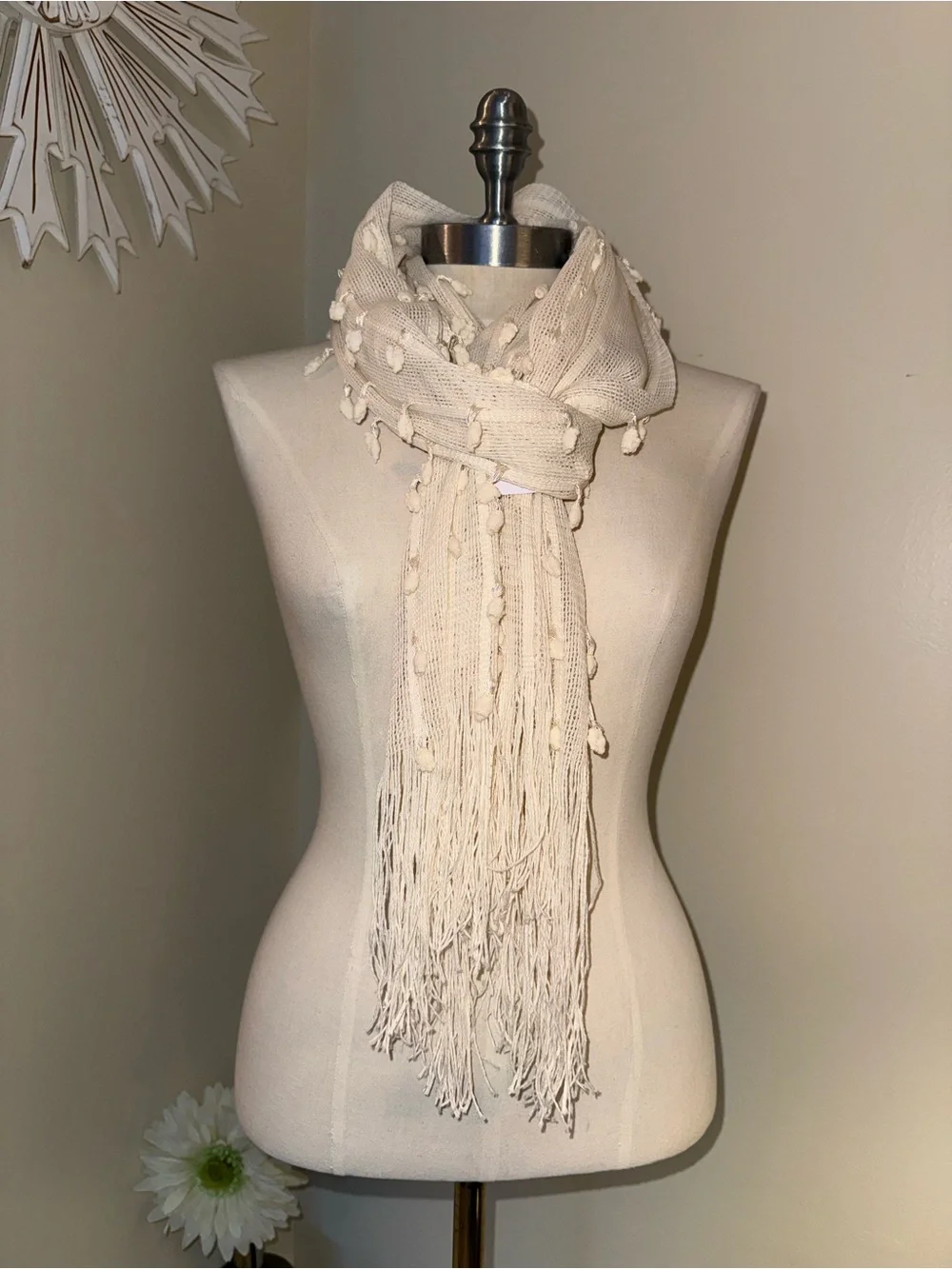 Cream Fringe Knit Scarf with Tassel Accents